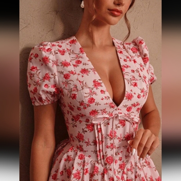 Women French Puff Sleeve Ditsy Floral Elegant Waist Flared Mini Dress - Picture 4 of 6